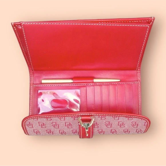 Dooney & Bourke Red Leather Zip Long Wallet -Red and Pink canvas signature - Picture 3 of 8